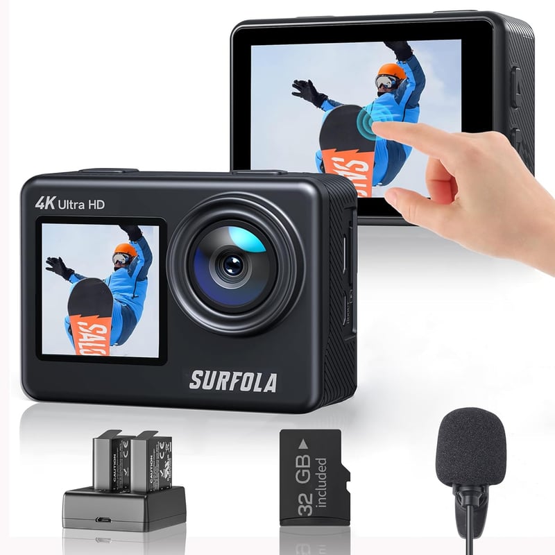 4Kアクションカメラ Surfola SF530Max 【有線マイク・32GBカード付】 タッチパネル・デュアルカラースクリーン・WiFi・水中対応・EIS手ブレ補正・バッテリー2個付