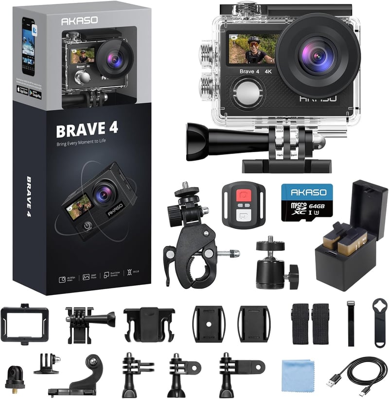 AKASO Brave4 アクションカメラ 4K 30FPS デュアルスクリーン EIS手ブレ補正 40M防水 64GBカード付き