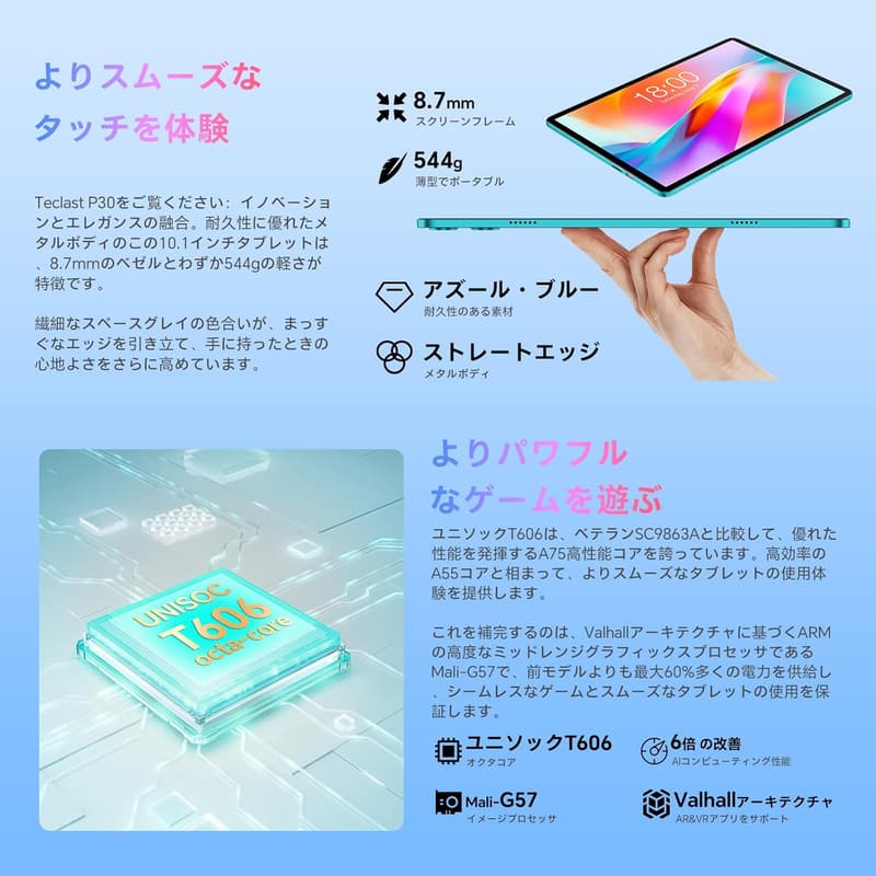 TECLAST P30 10インチタブレット Wi-Fiモデル - Android 15, 12GB+128GB, 1TB拡張, 6000mAh, Widevine L1, GMS認証