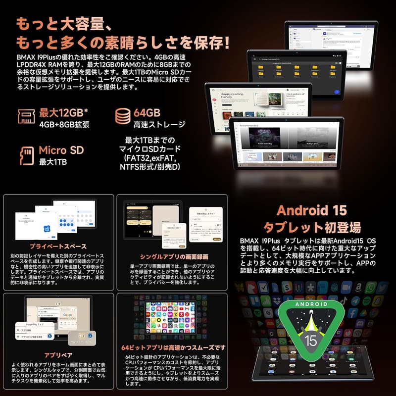 10インチAndroidタブレット（Wi-Fiモデル）12GB+64GB、2TB TF拡張可、6000mAhバッテリー、薄型軽量、Widevine L1・GMS認証、WiFi6・BT5.0対応