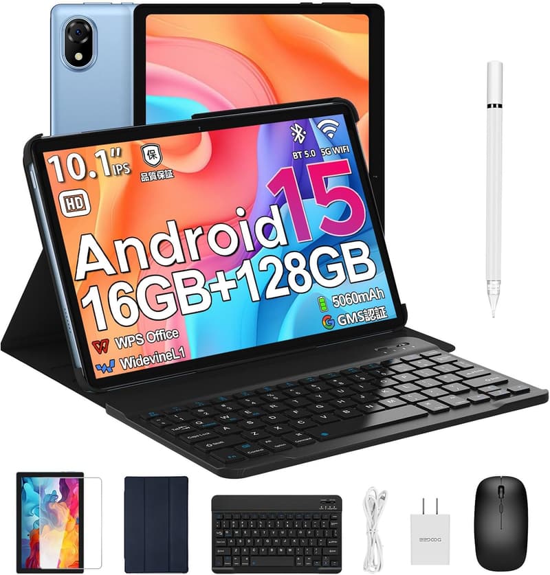 10インチ Android 15 タブレットセット - 16GB+128GB+1TB拡張、5060mAh、5G WiFi、Bluetooth 5.0、キーボード・マウス・保護ケース・タッチペン付き