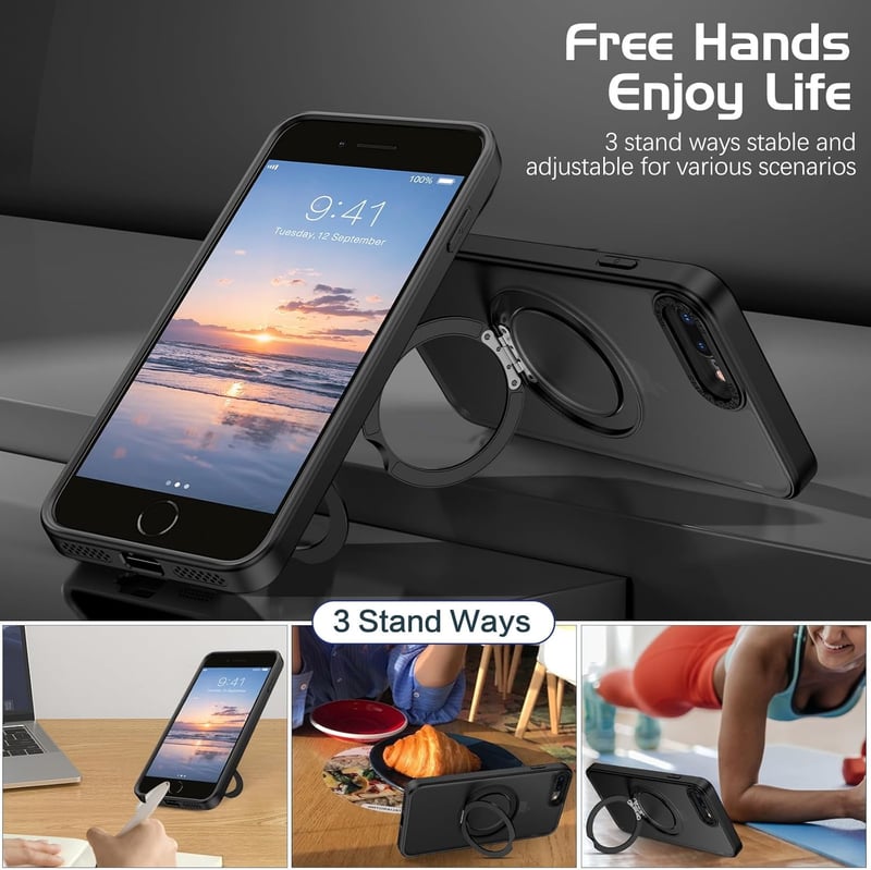 iPhone 8 Plus/7 Plus用 半透明耐衝撃ケース MagSafe対応 360°回転スタンド ブラック