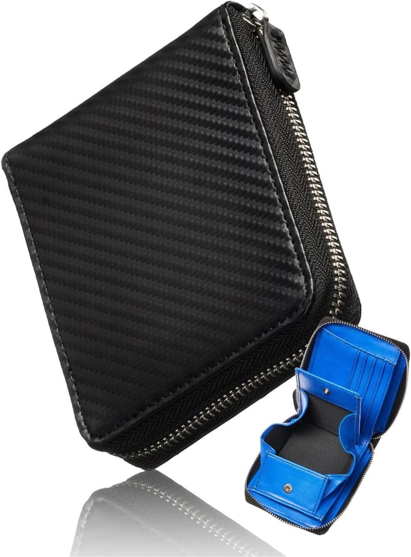 メンズ カーボンレザー 二つ折り財布 ラウンドファスナー BOX型小銭入れ ギフト (ブラック/ブルー)