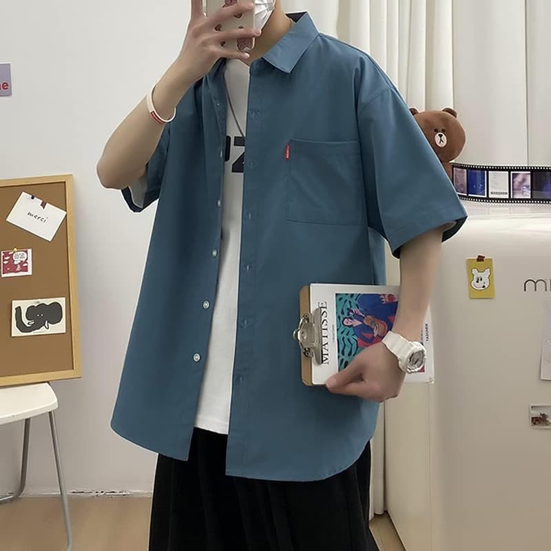 夏のメンズポケット付き半袖カジュアルシャツ 吸汗速乾 大きいサイズ