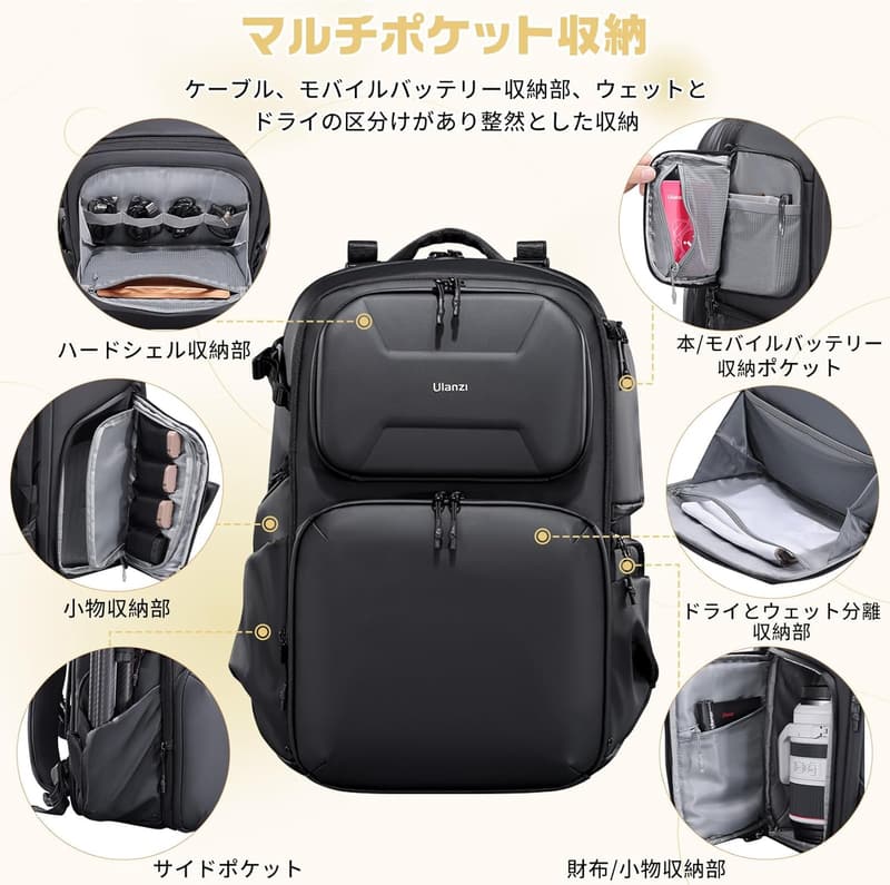 大容量 撥水加工 一眼レフカメラ用 撮影バックパック ブラック 25L+10L
