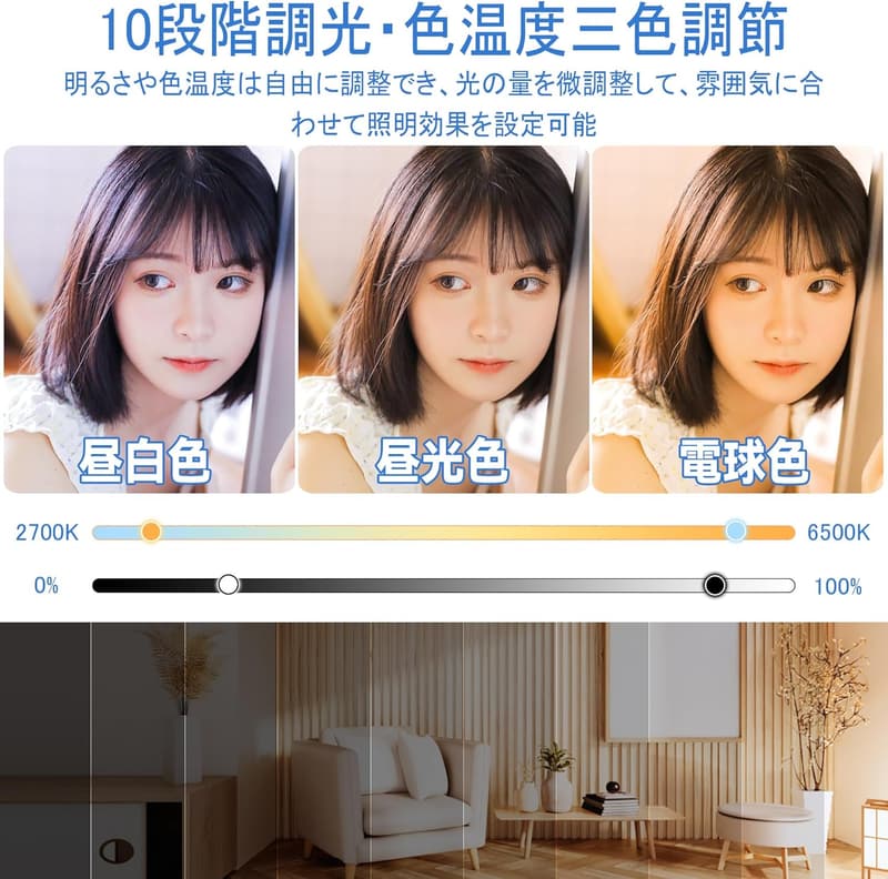 10インチLEDリングライト - 撮影・メイク用 | USB給電・3色モード・10段調光・360°回転・スタンド付【影無し】
