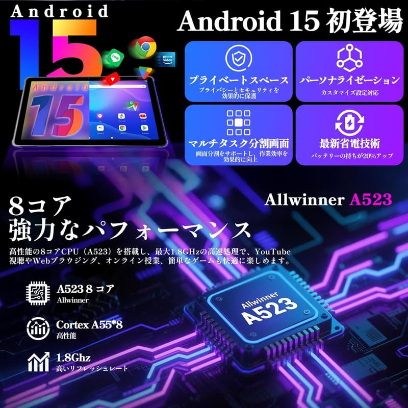 2025年新登場・Android 15 タブレット 10インチ Wi-Fiモデル 12GB+64GB+2TB拡張 ケース付き