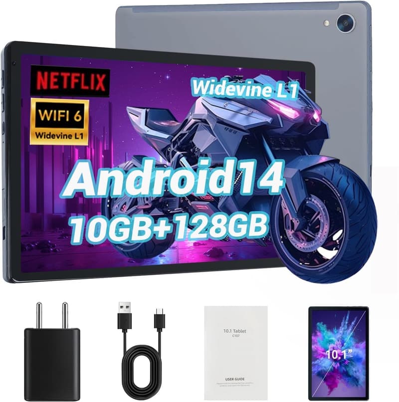 Android 14タブレット 10.1インチ・10GB RAM・128GB ROM・デュアルカメラ・Wi-Fi 6・1年保証