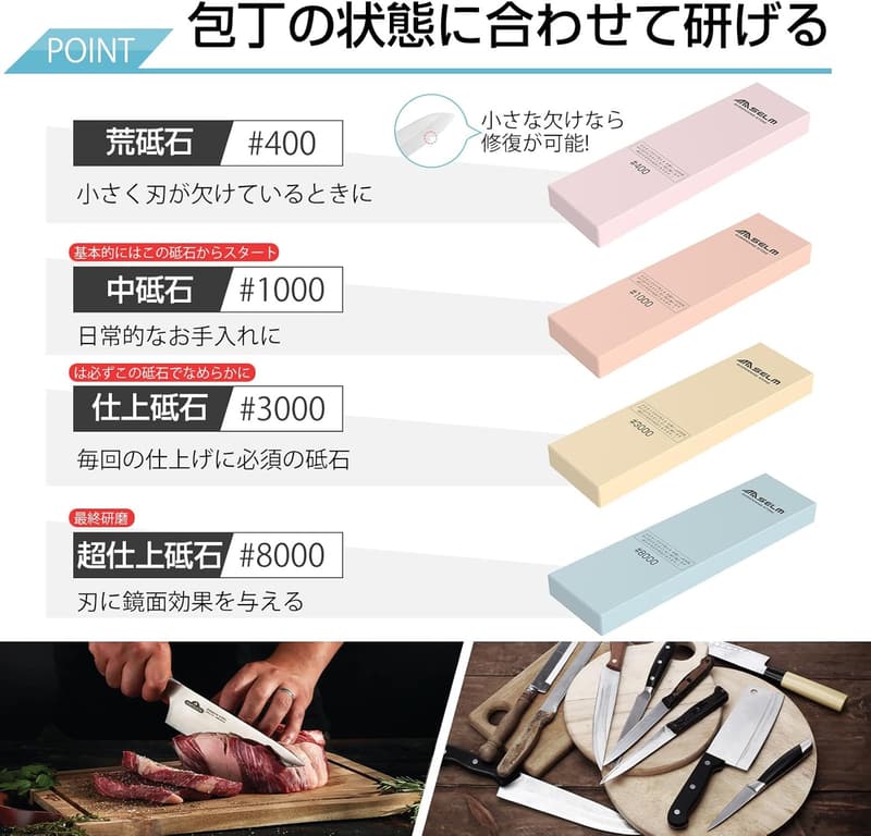 ハイエンド包丁研ぎ石セット #400#1000#3000#8000 - ナイフ研ぎ愛好家向け角度固定ホルダー付き