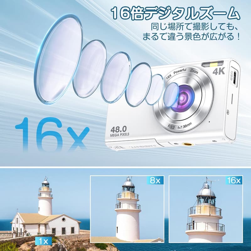 4Kオートフォーカス4800万画素デジタルカメラ 自撮り・Vlog向け コンパクトモデル 32GBカード付属