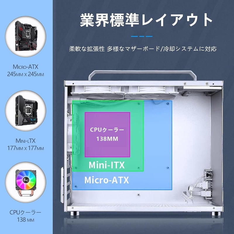ミドルタワーPCケース 透明強化ガラス製 micro-ATX対応 シルバー MINI型