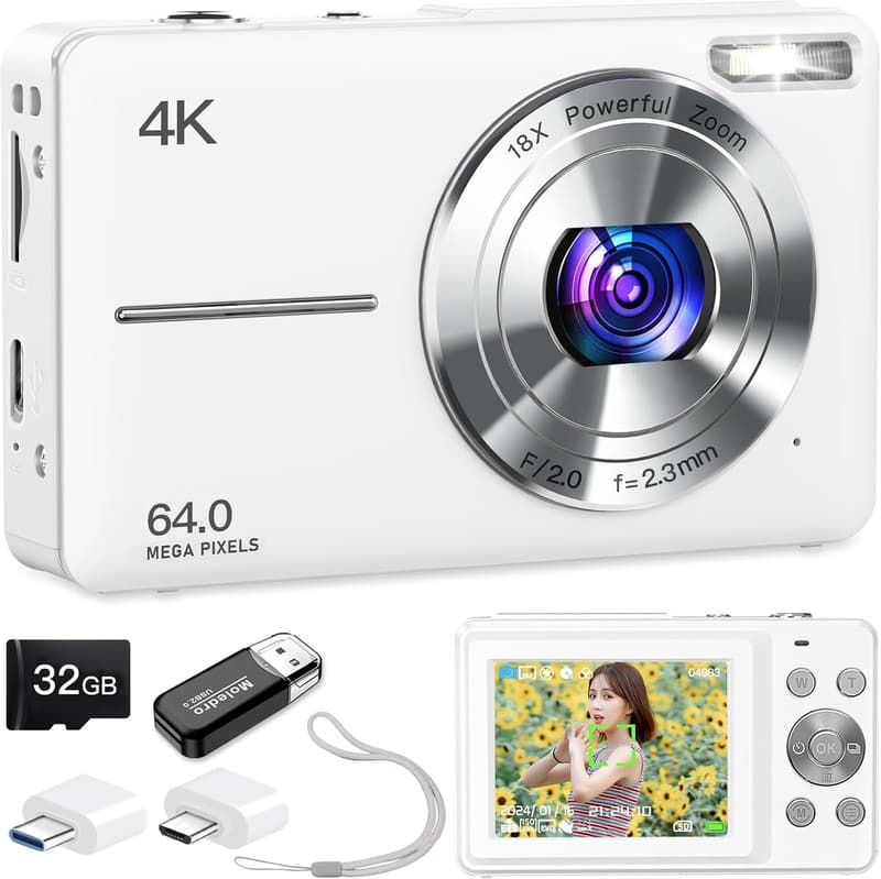 初心者・子供向け 4K デジタルカメラ 6400万画素・18倍ズーム・LEDライト付き