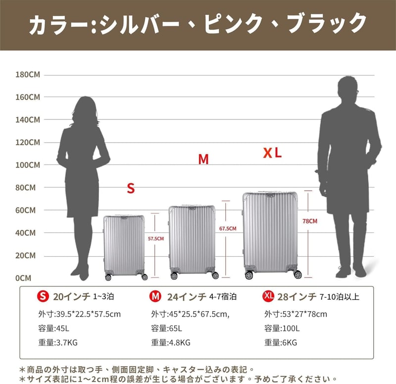 大型オールアルミニウムキャリーケース 100L 静音ダブルキャスター TSAロック付き