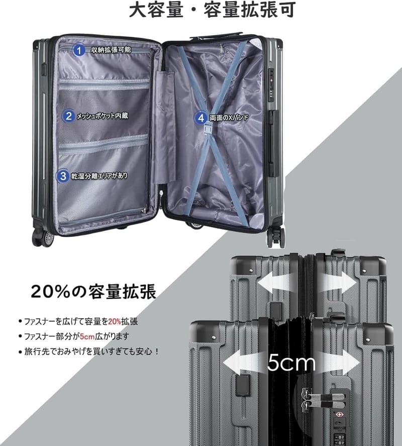 拡張機能付き超軽量スーツケース Sサイズ（機内持込用）静音ダブルキャスター TSAロック搭載