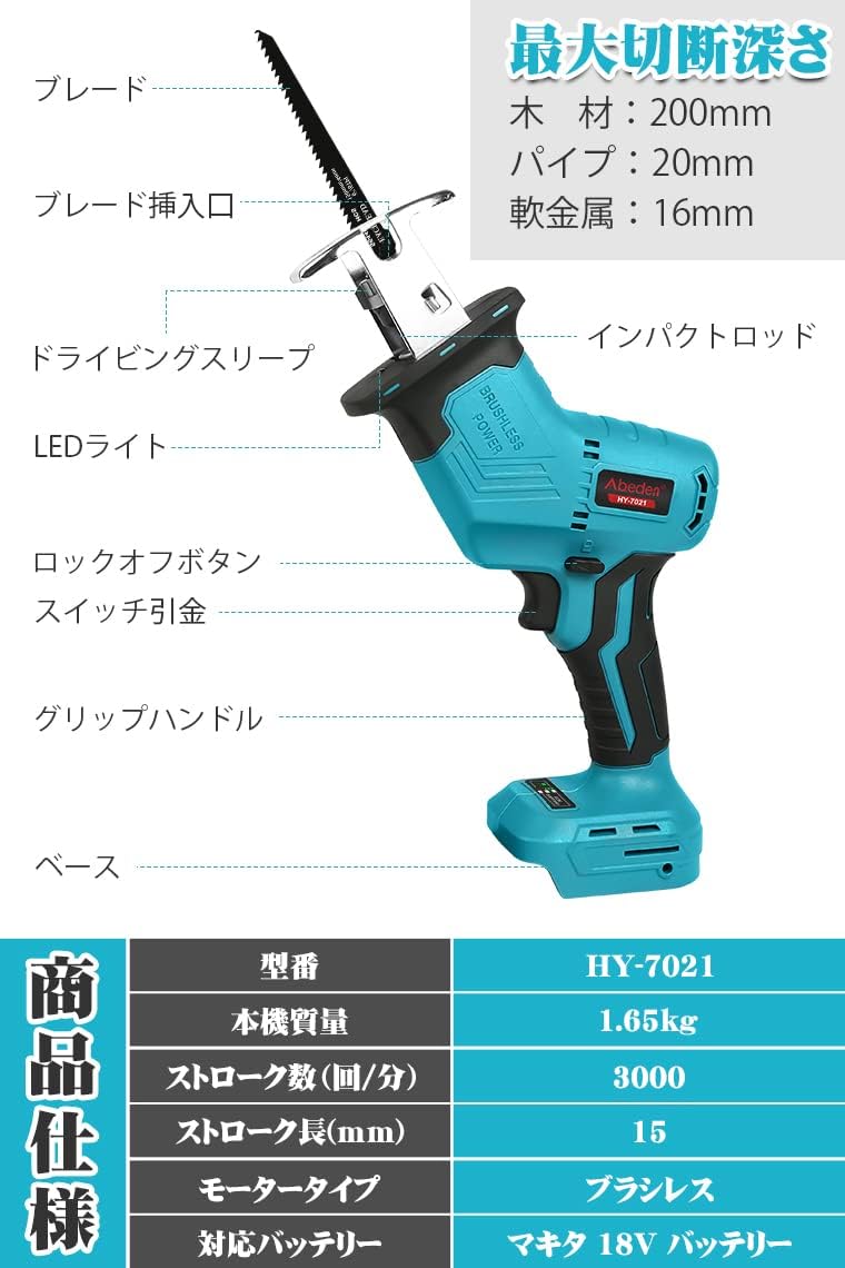 充電式電動ノコギリ レシプロソー HY-7021 軽量 DIY用 刃交換簡単 ブラシレスモーター 日本語取扱説明書付き 【本体のみ】