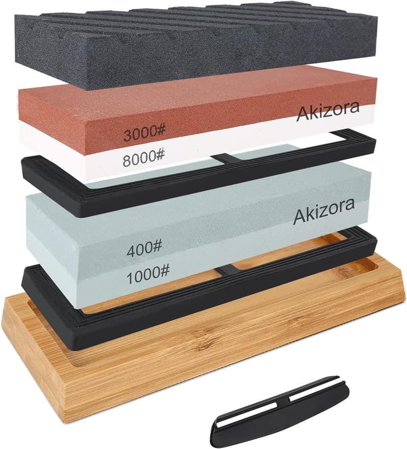 家庭用包丁研ぎ石 400/1000/3000/8000 両面2点セット 竹製台付き