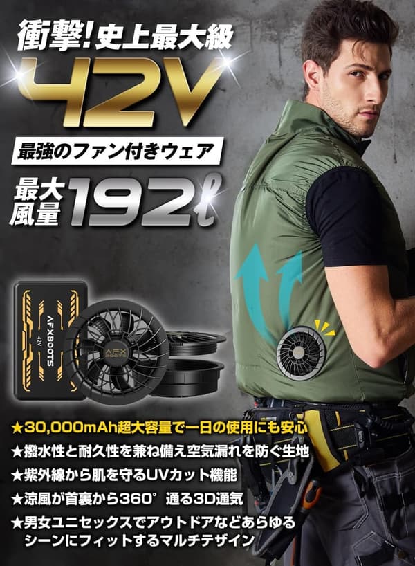 2025最新 男女兼用ファン付きベスト 42V・6段階風量・30000mAhバッテリー【遮熱・UVカット】
