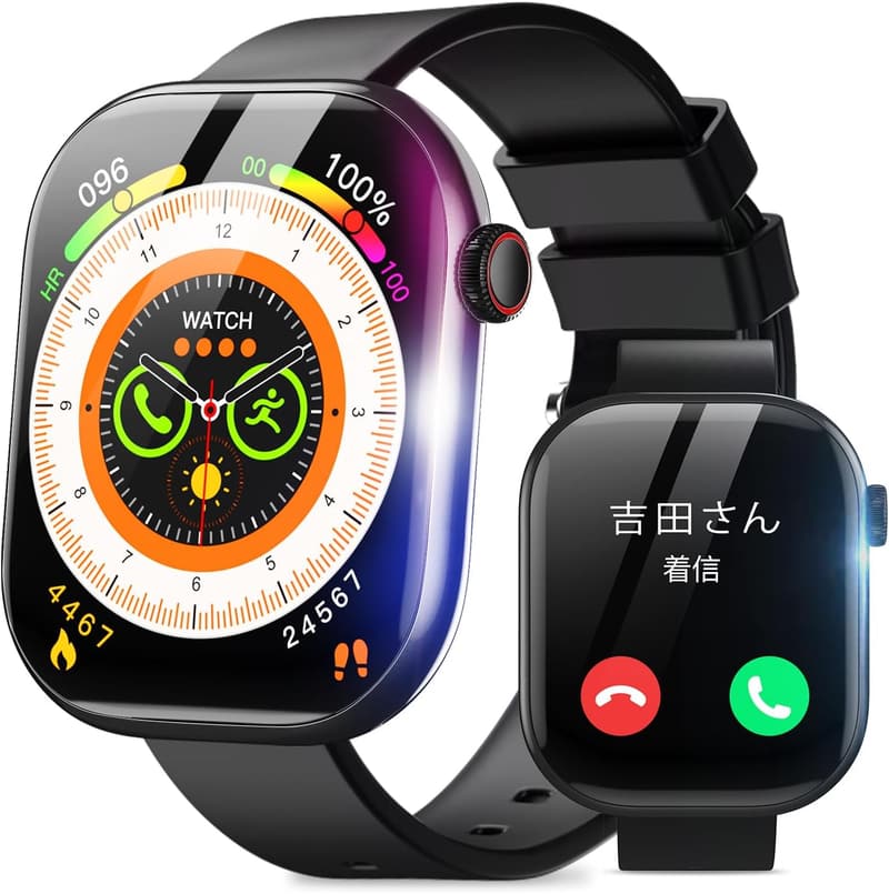 2025年最新スマートウォッチ 2.08インチ大画面 Bluetooth5.4対応 メンズ・レディース用 (ブラック)