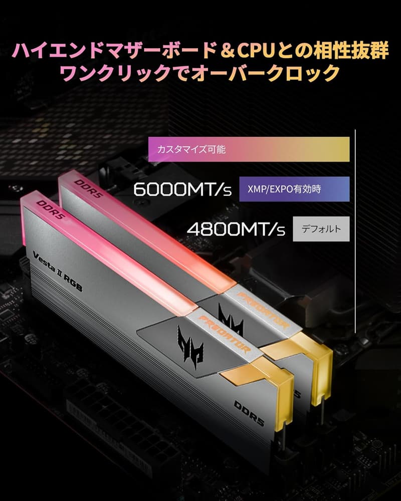 Acer Predator Vesta Ⅱ DDR5 6000MHz 32GB(16GB×2) RGBメモリキット シルバー