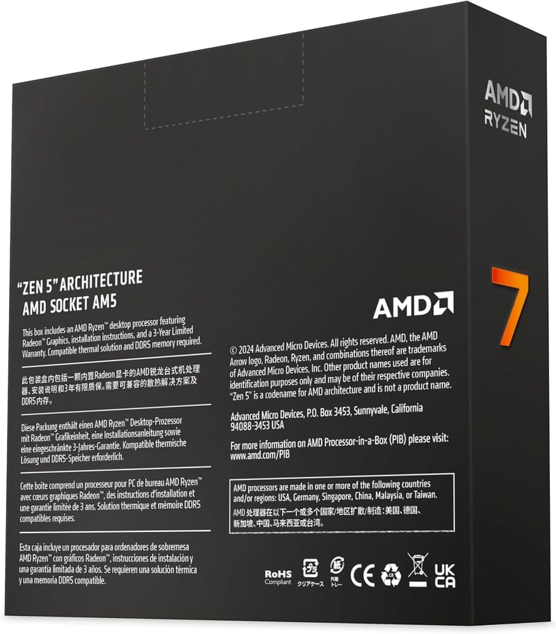 Ryzen 7 9700X プロセッサ (8コア/16スレッド, 3.8GHz, TDP 65W, AM5) BOX