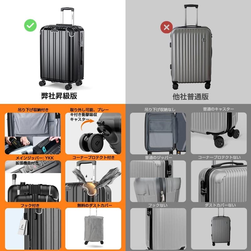 機内持ち込みSサイズスーツケース 40L 超軽量 拡張機能＆ストッパー付き ビジネス旅行用 ブラック
