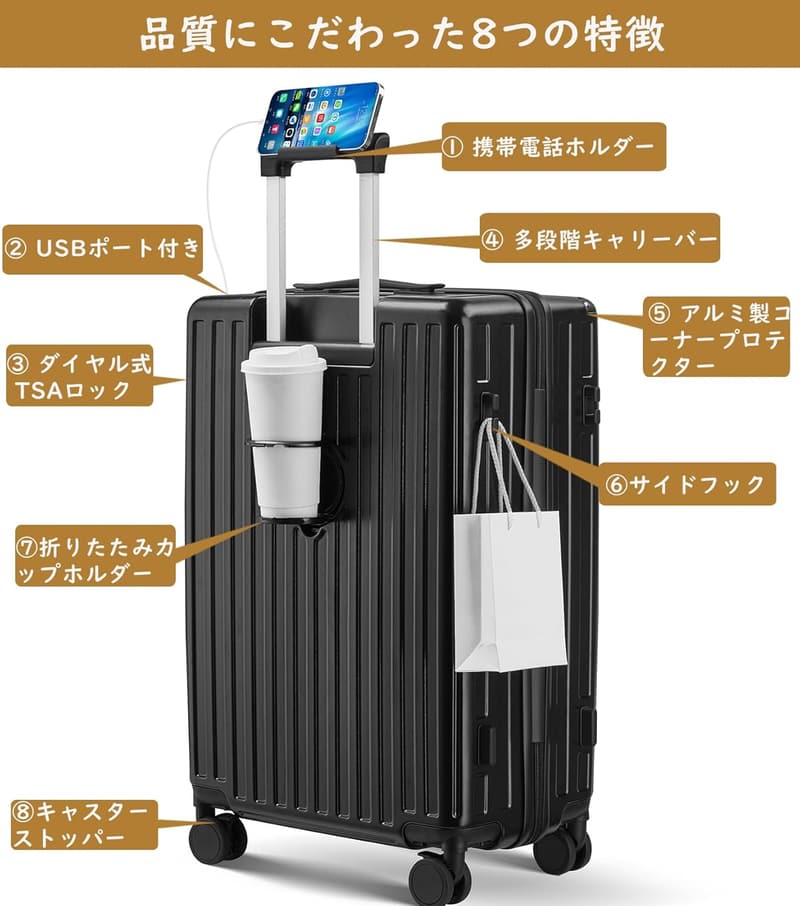 機内持ち込みスーツケース 超軽量 USBポート・カップホルダー・キャリースタンド付き ブラック Sサイズ