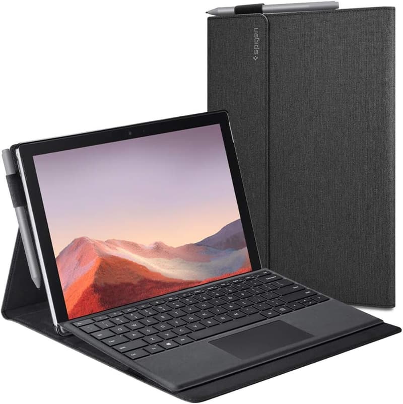 Surface Pro 7/6用ハードケース ポケット付きスタンド式 PUレザー (チャコールグレー)