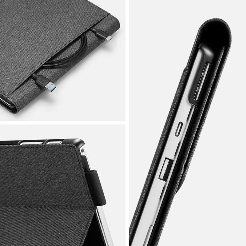 Surface Pro 7/6用ハードケース ポケット付きスタンド式 PUレザー (チャコールグレー)