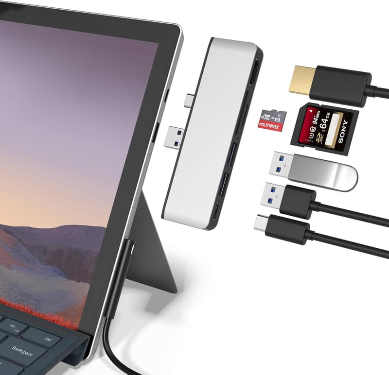 Surface Pro 7専用 6ポートアルミニウムハブ 4K@30Hz HDMI USB 3.0×2 Type-C SD/Micro SDリーダー付き