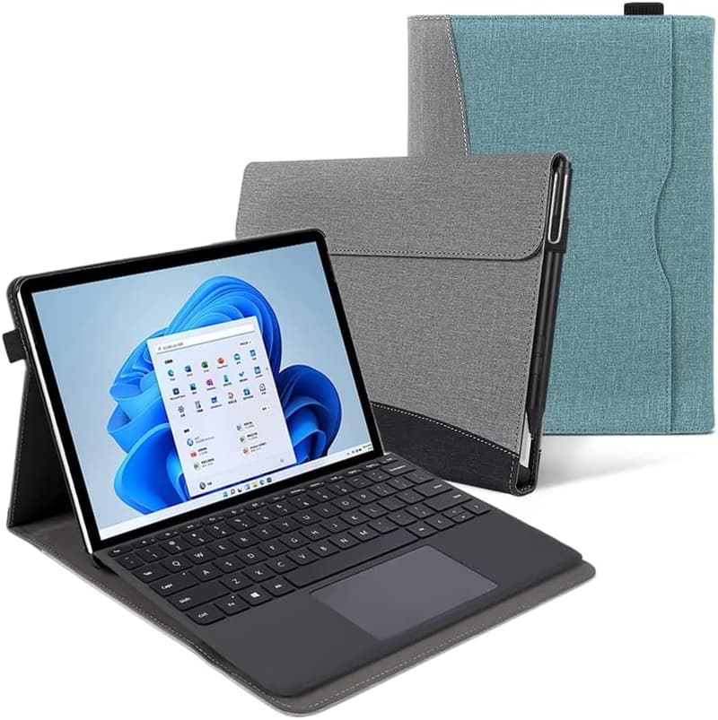 Surface Pro 7+/7/6/5用手帳型ケース ペンホルダー・キーボード収納可 薄型スタンド機能付き 軽量耐衝撃カバー (青)