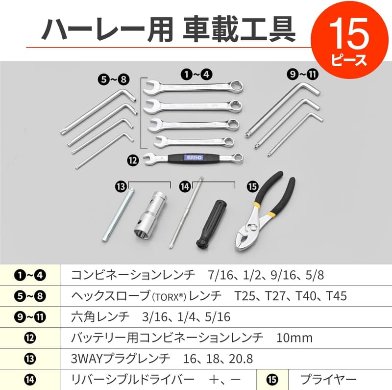ハーレーダビッドソン用 バイク 工具 インチツールセット 車載/携帯用 91105