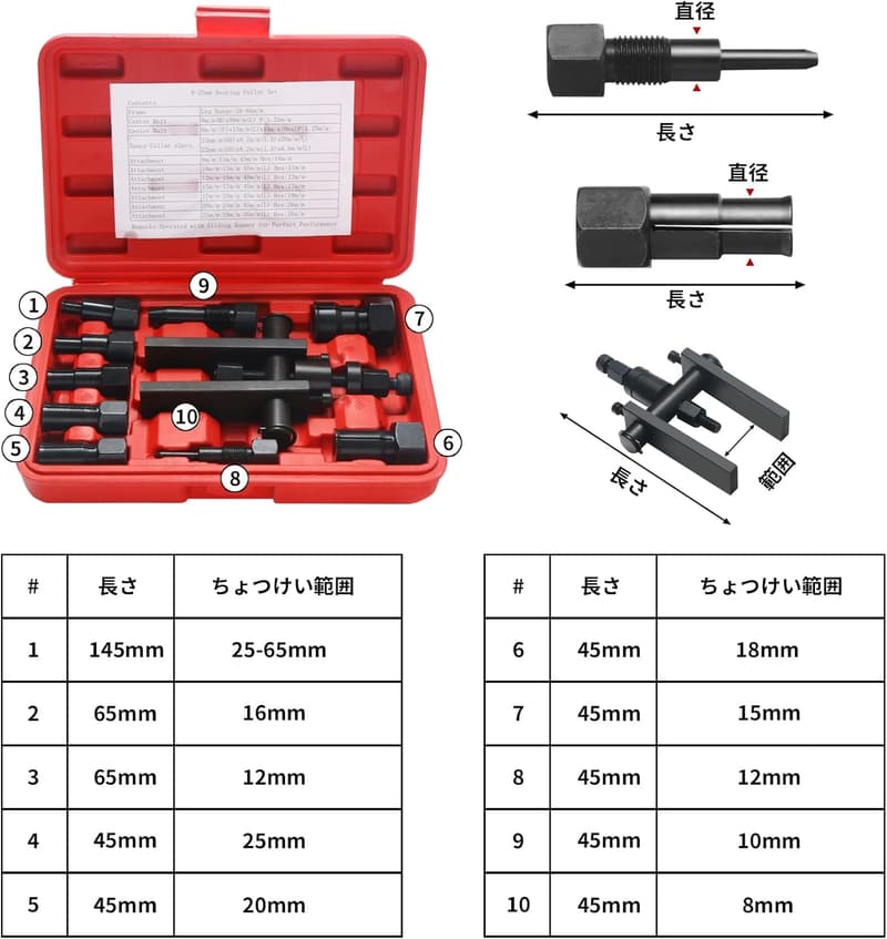 バイク用 10個セット パイロットベアリングプーラー 工具 8-29mm 2本爪 ツールケース付き