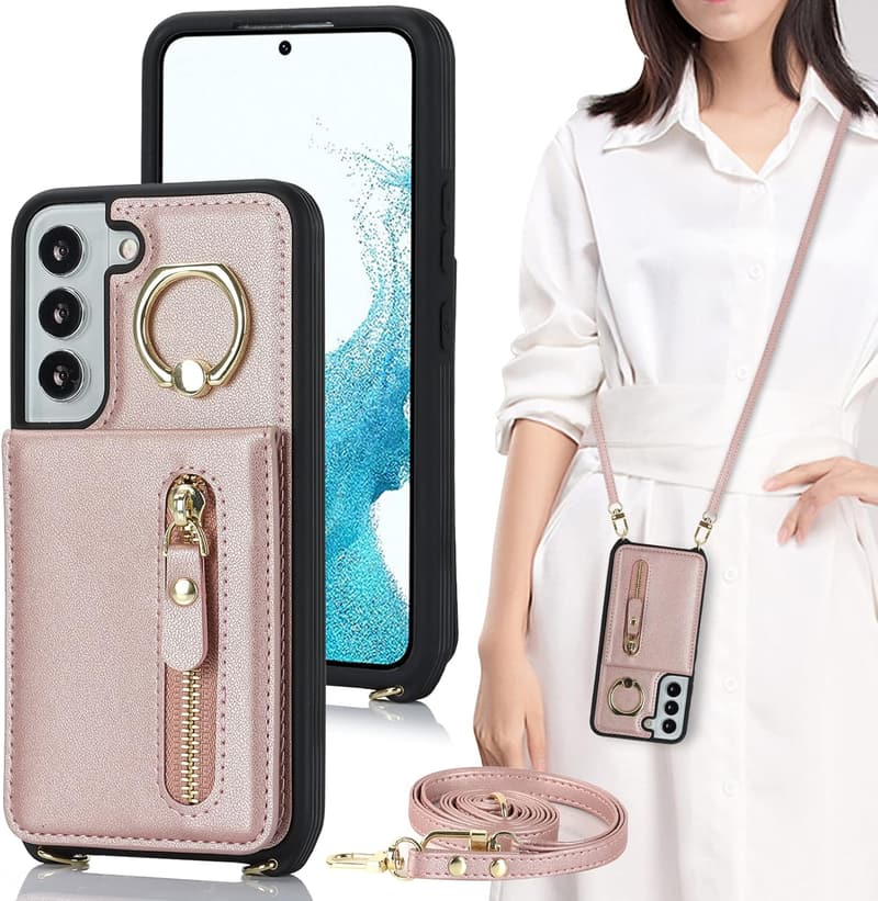 Galaxy S22用 ショルダーリング付き 手帳型ケース カード収納 スナップ式 ピンク