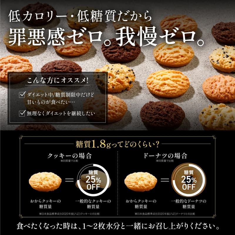 ダイエット用おからクッキー（個包装36枚、糖質オフ・低カロリー、プレーン・ココア・ごま・ストロベリー）