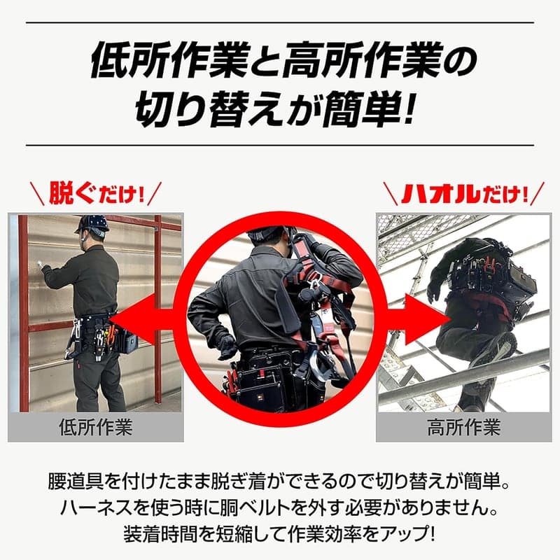 新規格安全帯 フルハーネス ハオル 腰道具用 脱ぎ着簡単 ランヤード2本セット ブラック 2023年モデル