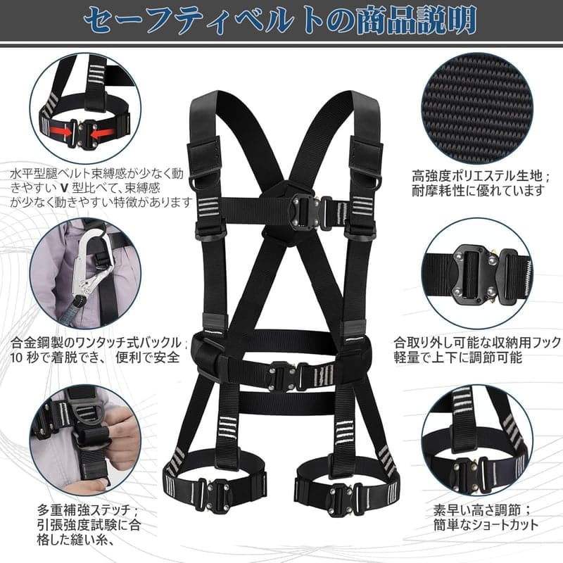 新規格フルハーネス安全帯セット 腹部・胸・脚ワンタッチバックル 高所作業用 (最大使用質量100kg)