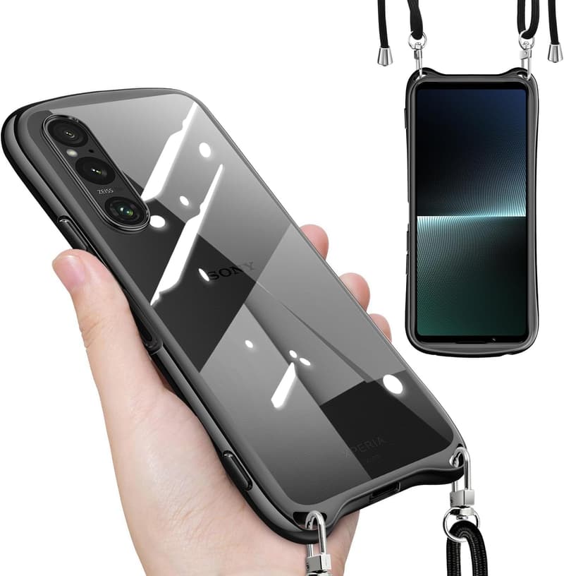 Xperia 1 V 用 クリアケース ショルダーストラップ付き 薄型耐衝撃カバー(ブラック)