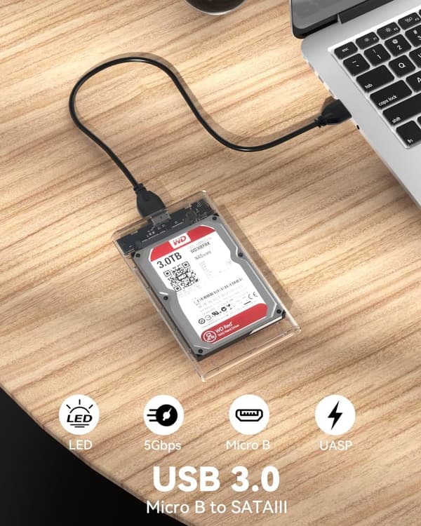 ポータブル透明HDD/SSDケース 2.5インチ 6T対応 UASP・USB3.0 5Gbps転送