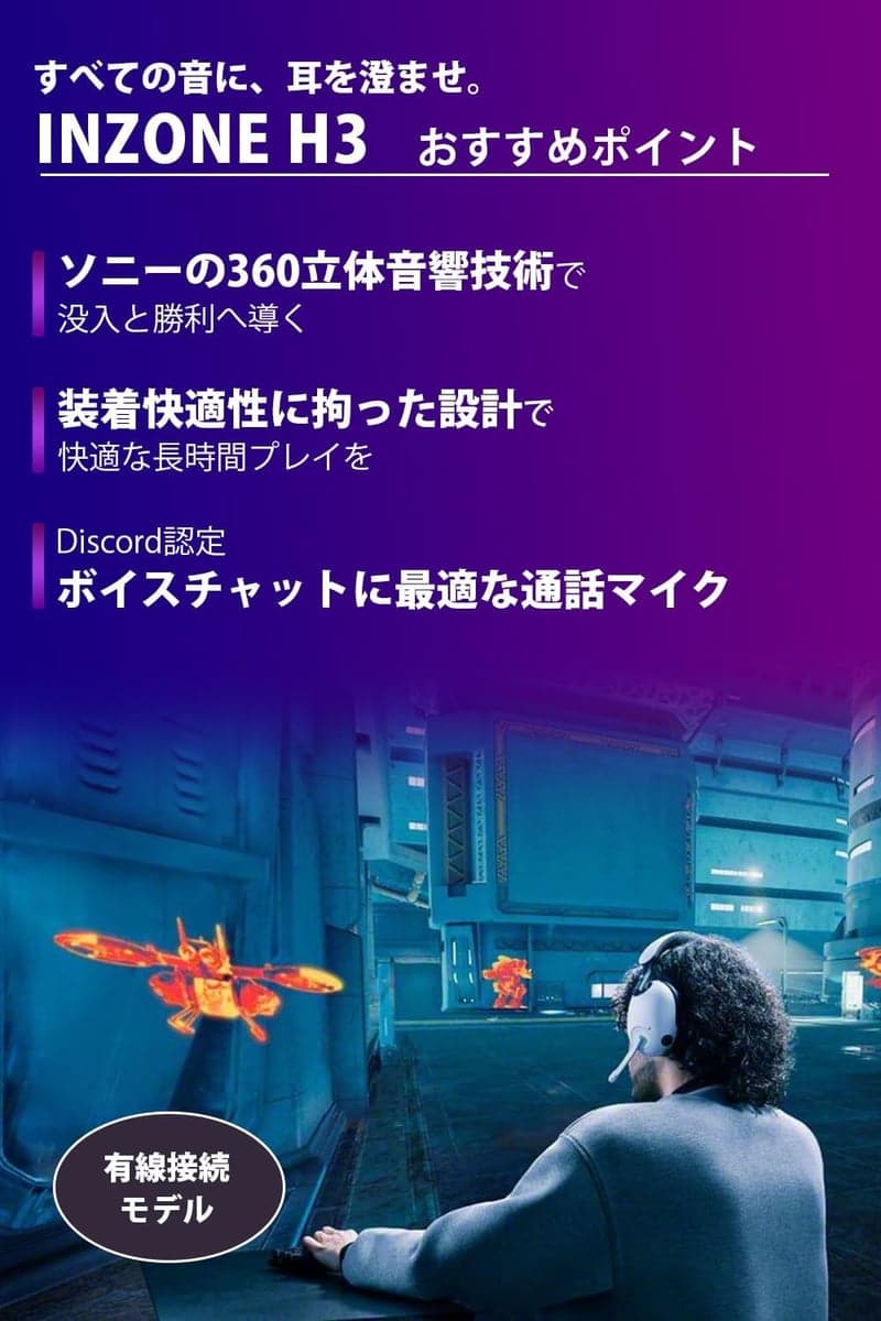 INZONE H3 有線ゲーミングヘッドセット - 低遅延・快適使用・PS5/Switch対応・ブームマイク付き