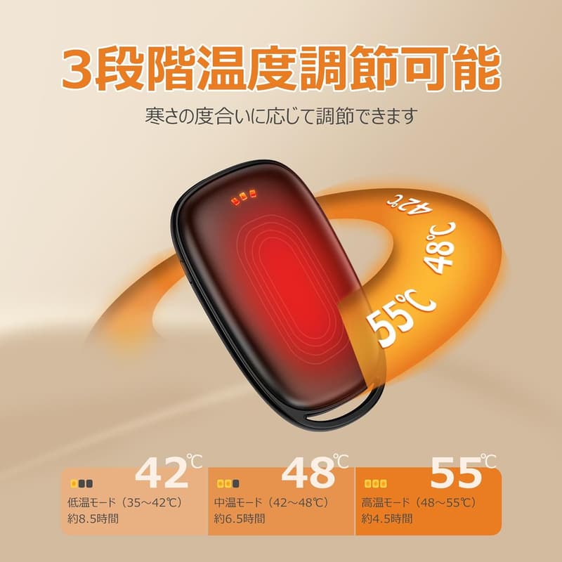 「2025新型」温度調節可能な充電式カイロ 6000mAh 薄型 小型 防寒用 ブラック