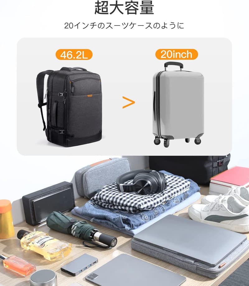 拡張可能な38.5-46.2L旅行用バックパック 男女兼用 17.3インチラップトップ収納可 盗難防止 撥水加工