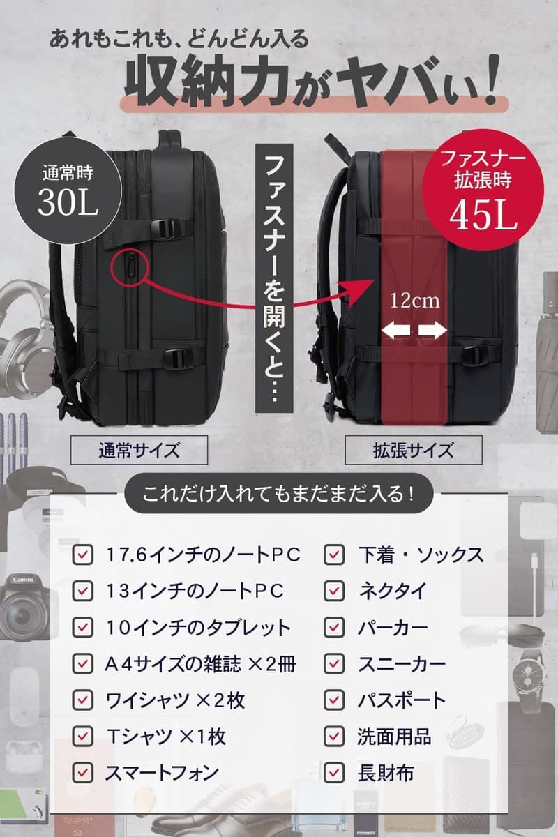 ビジネスシーンに最適！大容量メンズバックパック 45L