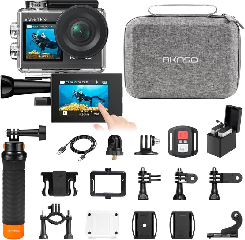 AKASO アクションカメラ Brave 4 Pro 4K 20MP タッチパネル 防水 40M 手ぶれ補正 WiFi HDMI 出力 5倍ズーム フローティンググリップ収納ケース付き