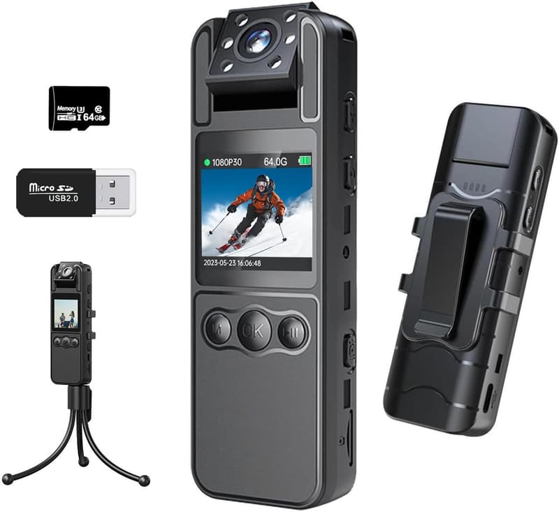 ボディカメラ【1080Pビデオ・ノイズ低減】警察・サイクリング用・軽量・ナイトビジョン・64GB SDカード付き