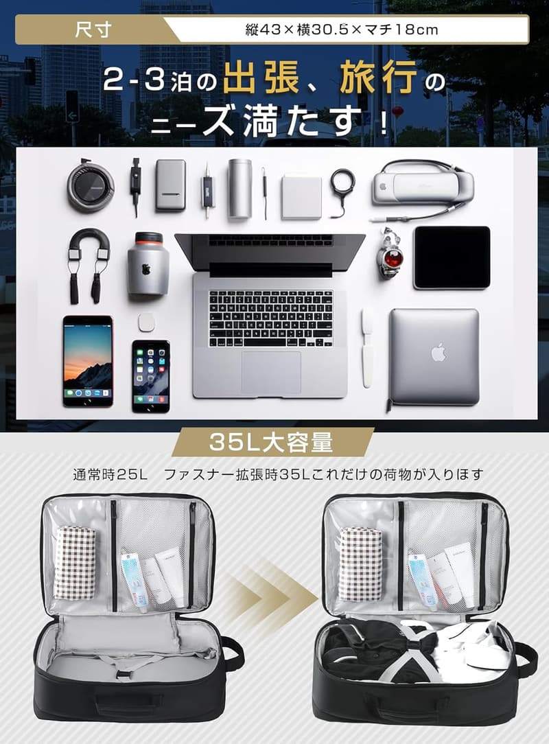 ビジネス用メンズリュック 大容量 軽量 防水 USB充電ポート 3way 17インチ 通勤・出張・旅行用