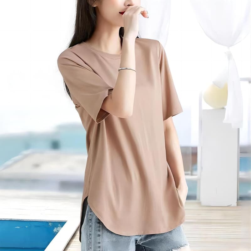 春夏用接触冷感レディースTシャツ - シンプルなロング丈・ストレッチ・速乾・体型カバー・スポーツウェア