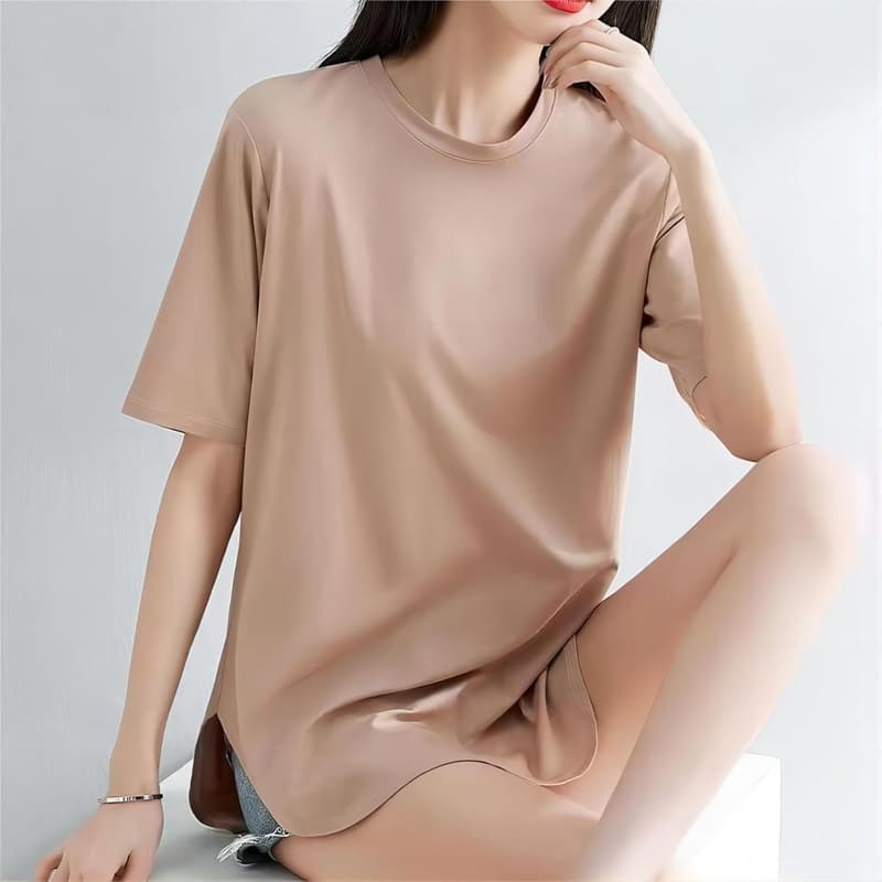 春夏用接触冷感レディースTシャツ - シンプルなロング丈・ストレッチ・速乾・体型カバー・スポーツウェア