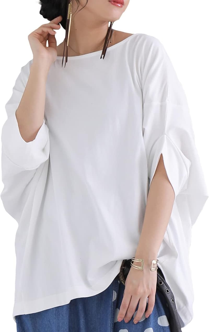 女性用春夏ドルマンカットソー 半袖 ゆったり体型カバー 無地 おしゃれ tdn0258