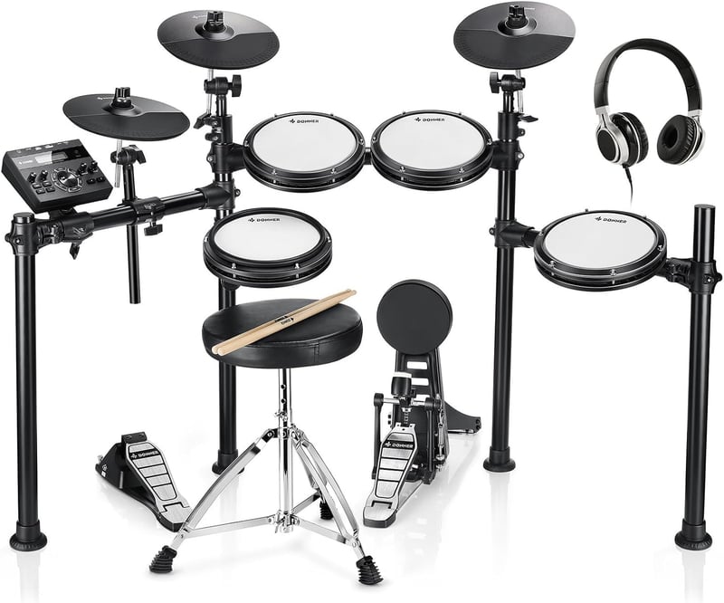 初心者向けメッシュ電子ドラムセット DED-200 折りたたみ式 450音源 50デモ曲 ヘッドフォン・スローン・スティック付 自宅練習用