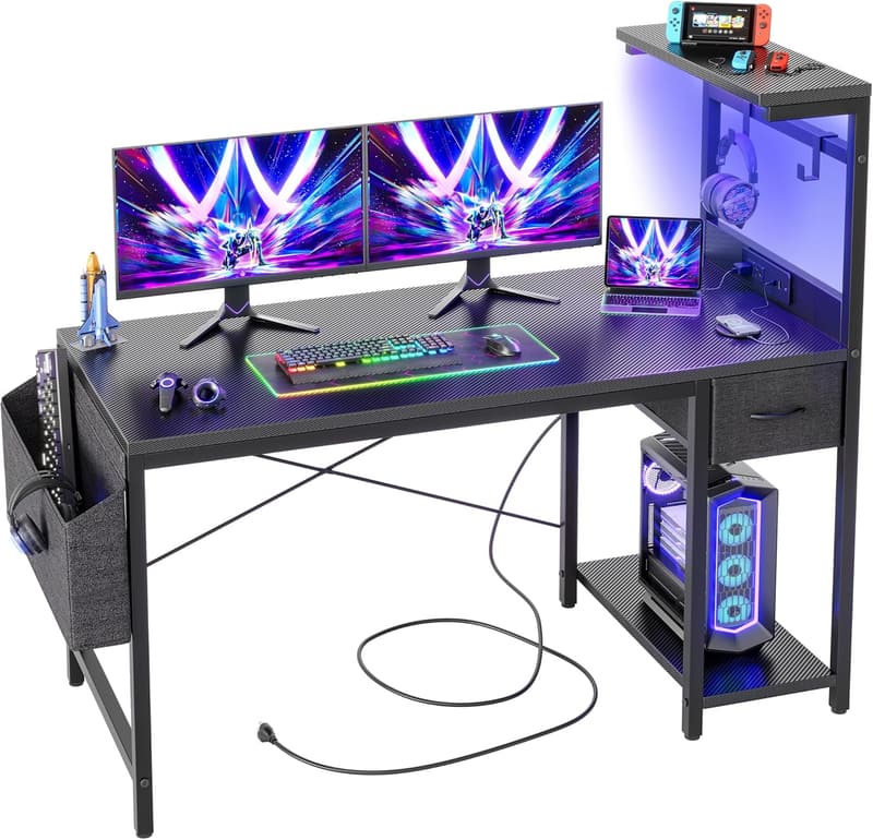 LEDゲーミングデスク 120×50cm - 電源コンセント・収納棚・引き出し付き 仕事・勉強・ゲーム用